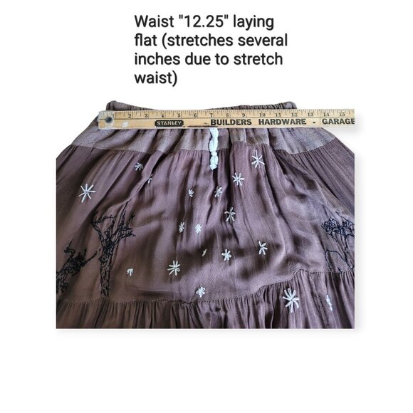 90s Handmade Whimsigoth Tiered Maxi Skirt Embroidered Brown Boho Y2K Size Small - Picture 7 of 10